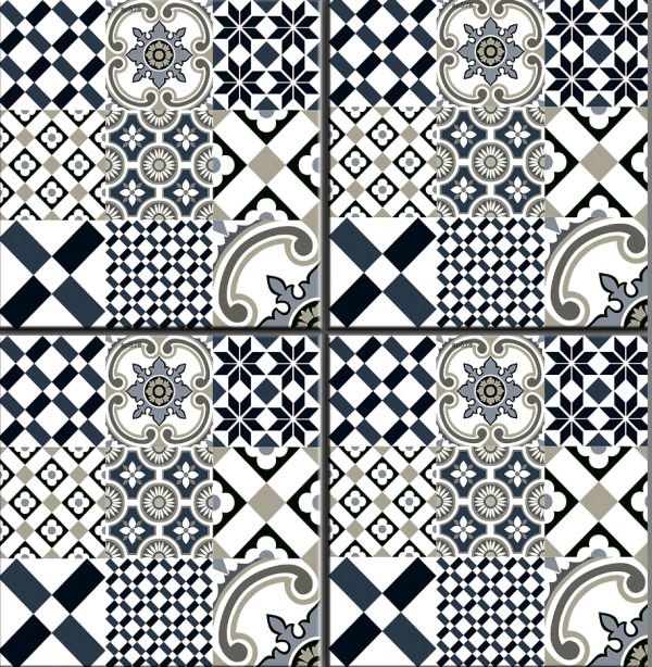 White Patterned Matte Tile R6609 – 60x60 Classic Black & Beige Patchwork Matte